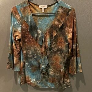 Dressbarn Blue/green and Brown Ruffle Blouse